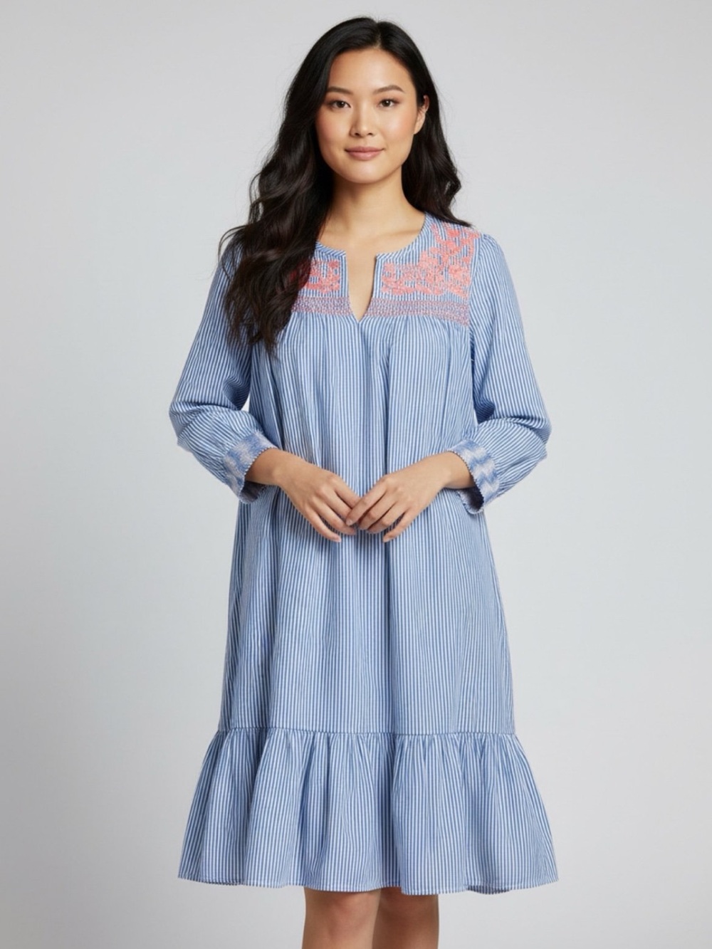 J. Crew Embroidered striped Ruffle Hem CottageCore Popover Dress Size M